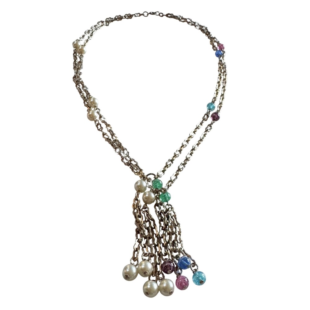 Vintage Tassel Necklace Faux Pearl Pink Aqua Green Glass Bead Y Drop Statement